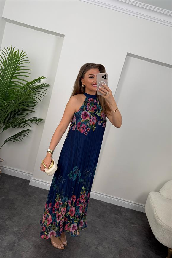 Premium Seri Çiçekli Pileli Maxi Şifon Elbise Lacivert