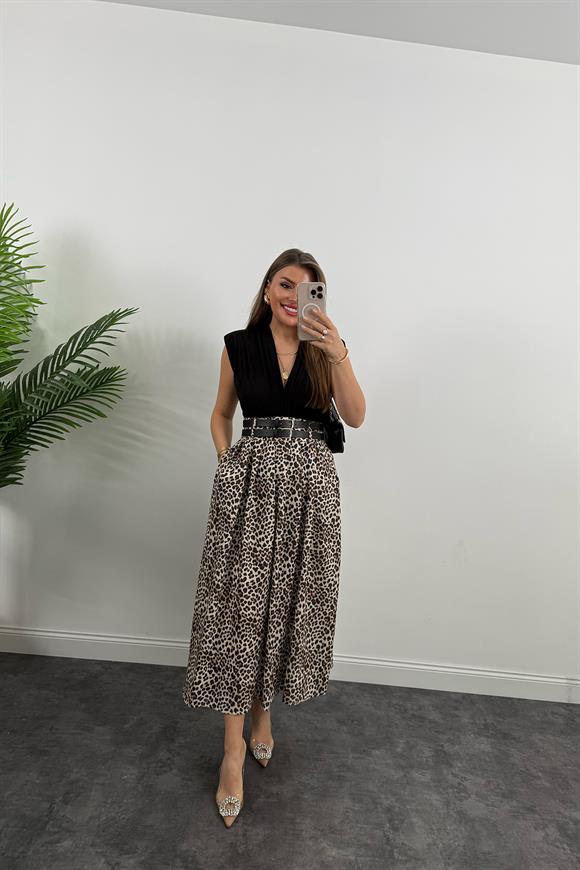 Premium Seri Çift Kemerli Maxi Leopar Etek