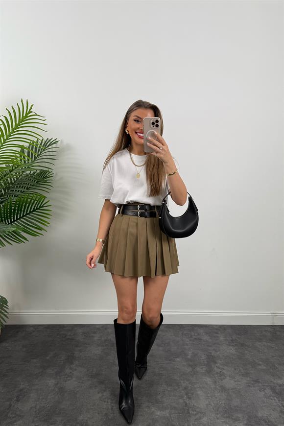 Premium Seri Çift Kemerli Poliviskon Pileli Etek Karamel