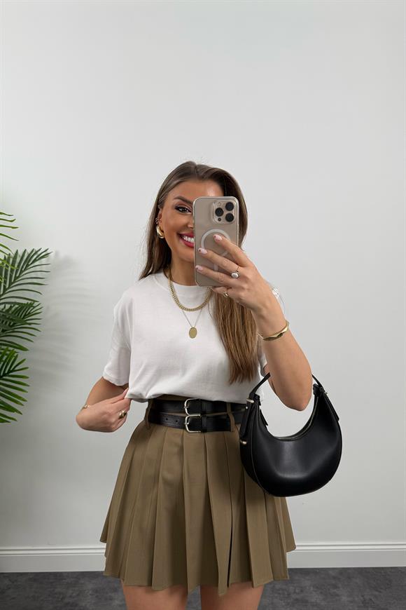 Premium Seri Çift Kemerli Poliviskon Pileli Etek Karamel