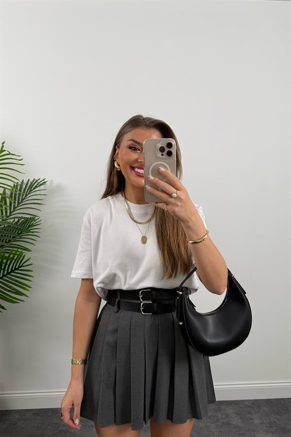 Premium Seri Çift Kemerli Poliviskon Pileli Etek Gri