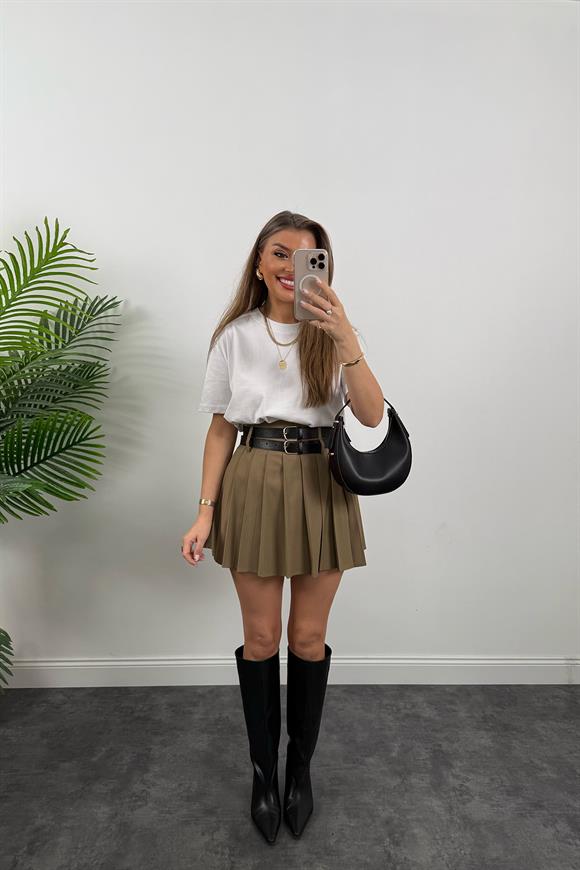 Premium Seri Çift Kemerli Poliviskon Pileli Etek Karamel