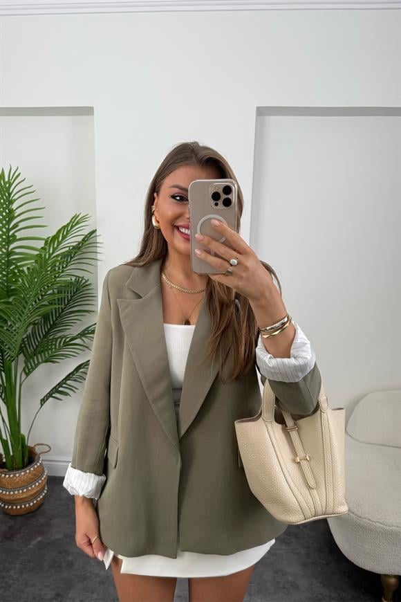Premium Seri Çizgili Astar Organik Kumaş Keten Blazer Ceket Haki