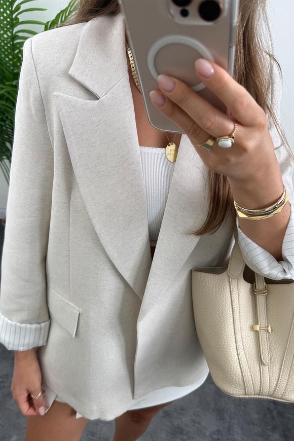 Premium Seri Çizgili Astar Organik Kumaş Keten Blazer Ceket Naturel Taş