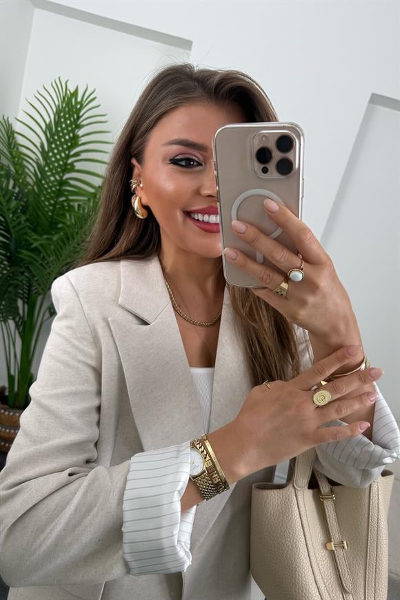 Premium Seri Çizgili Astar Organik Kumaş Keten Blazer Ceket Naturel Taş