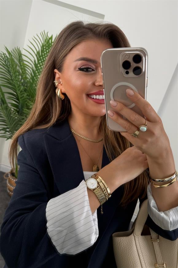 Premium Seri Çizgili Astar Organik Kumaş Keten Blazer Ceket Lacivert