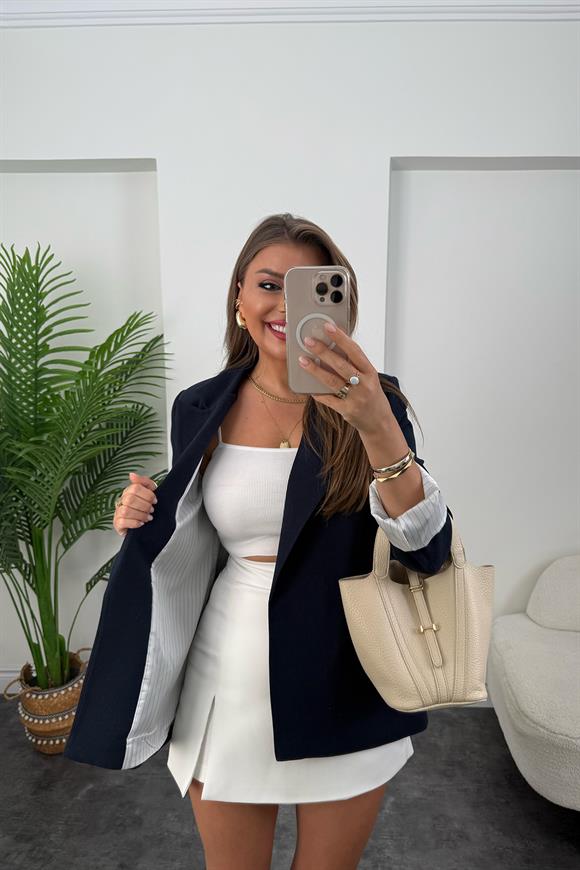 Premium Seri Çizgili Astar Organik Kumaş Keten Blazer Ceket Lacivert