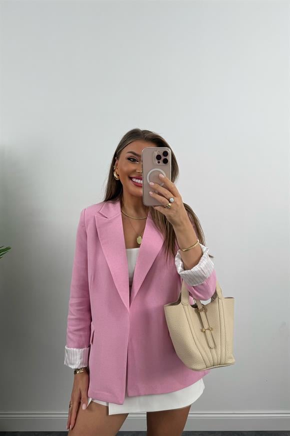 Premium Seri Çizgili Astar Organik Kumaş Keten Blazer Ceket Pembe