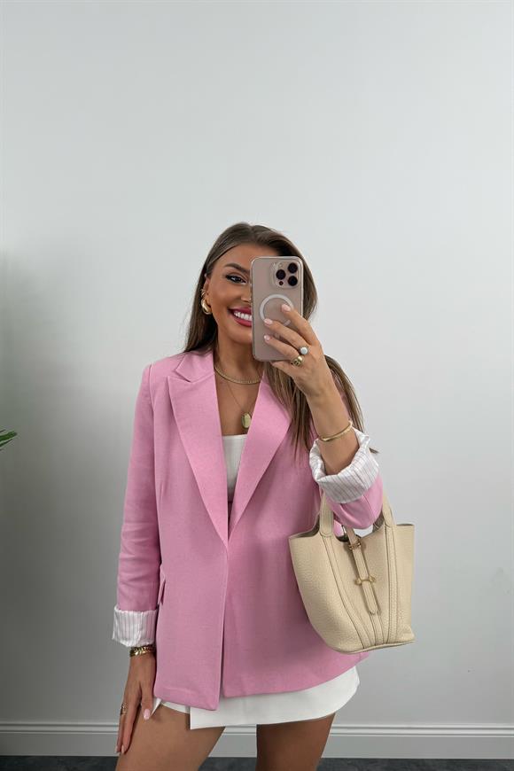 Premium Seri Çizgili Astar Organik Kumaş Keten Blazer Ceket Pembe