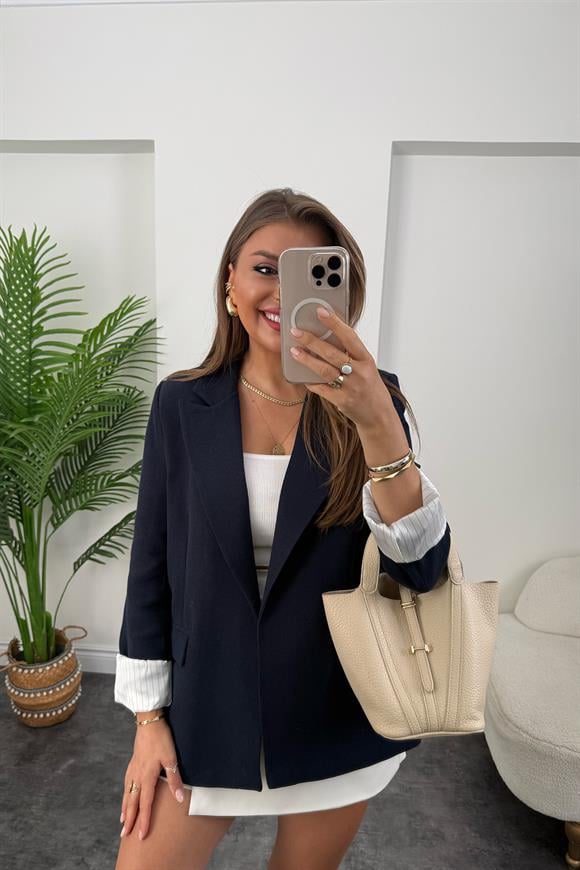 Premium Seri Çizgili Astar Organik Kumaş Keten Blazer Ceket Lacivert