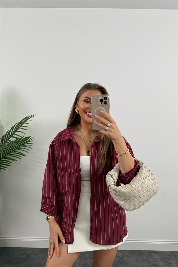 Premium Seri Çizgili Tensel Salaş Gömlek Bordo