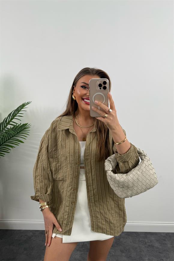 Premium Seri Çizgili Tensel Salaş Gömlek Olive