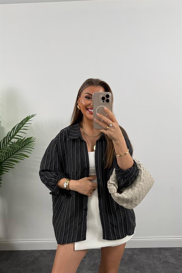 Premium Seri Çizgili Tensel Salaş Gömlek Yıkamalı Siyah