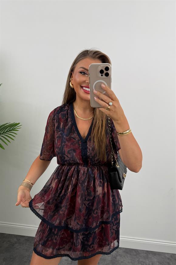 Premium Seri Dantel Biyeli Çift Katlı Desenli Şifon Elbise