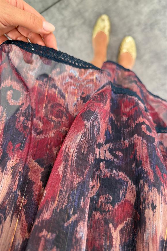 Premium Seri Dantel Biyeli Çift Katlı Desenli Şifon Elbise