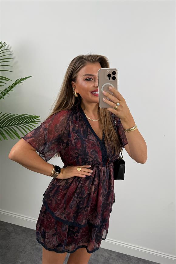 Premium Seri Dantel Biyeli Çift Katlı Desenli Şifon Elbise