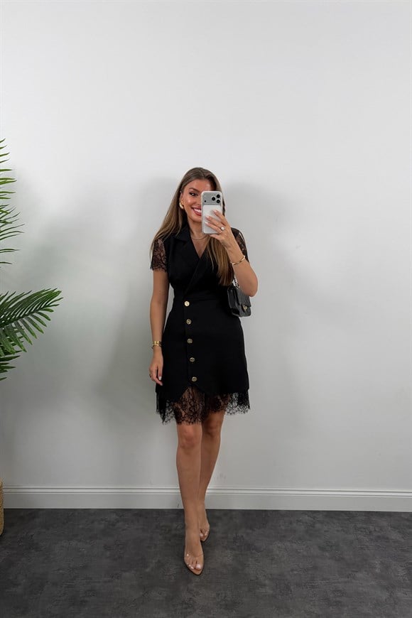 Premium Seri Dantel Detaylı Double Kumaş Kruvaze Elbise