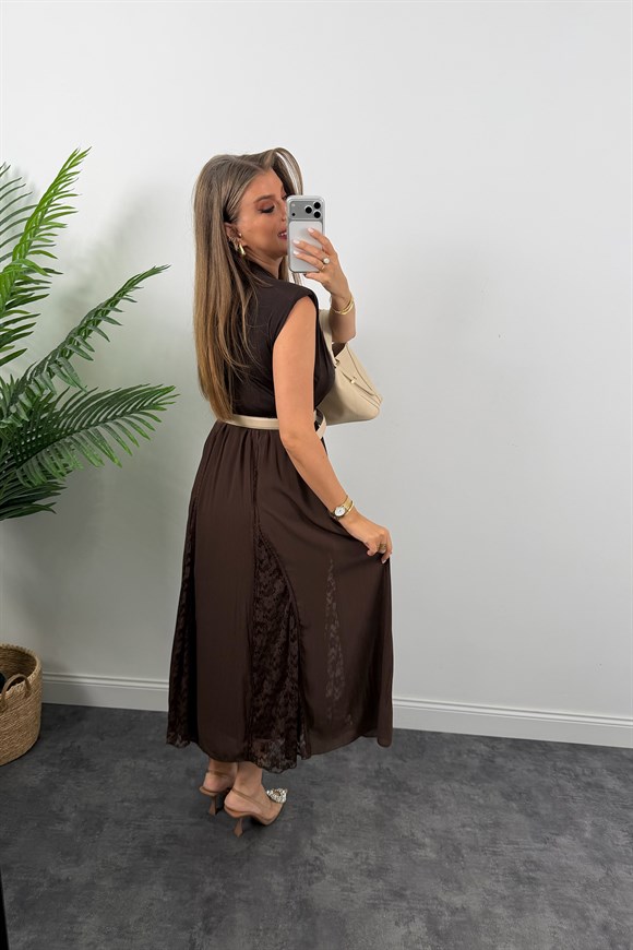 Premium Seri Dantel Parçalı Tasarım Şifon Etek Acı Kahve