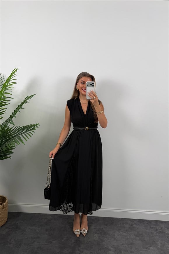 Premium Seri Dantel Parçalı Tasarım Şifon Etek Siyah