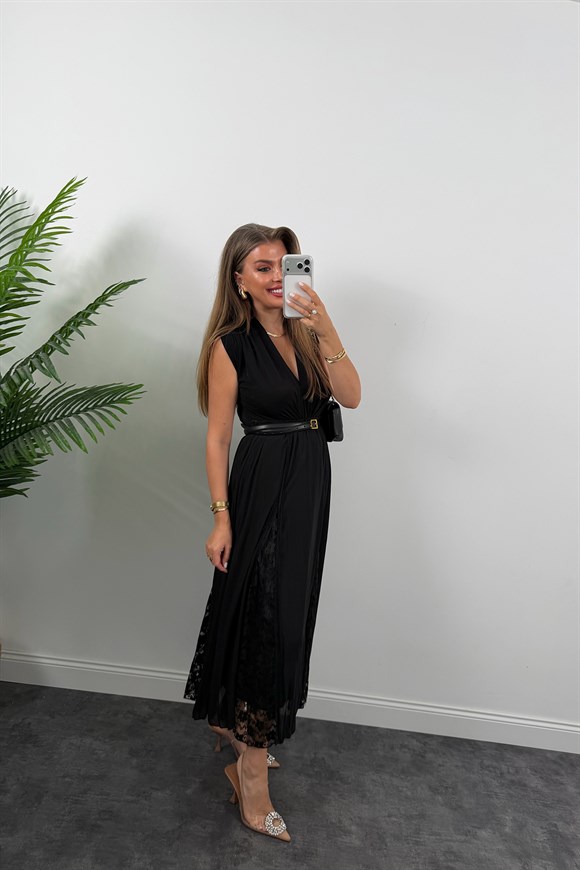 Premium Seri Dantel Parçalı Tasarım Şifon Etek Siyah
