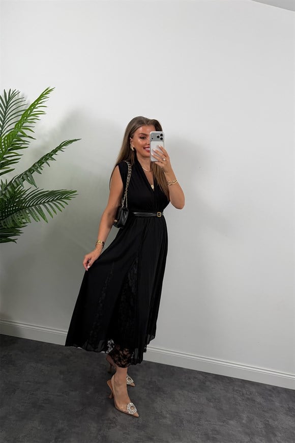 Premium Seri Dantel Parçalı Tasarım Şifon Etek Siyah