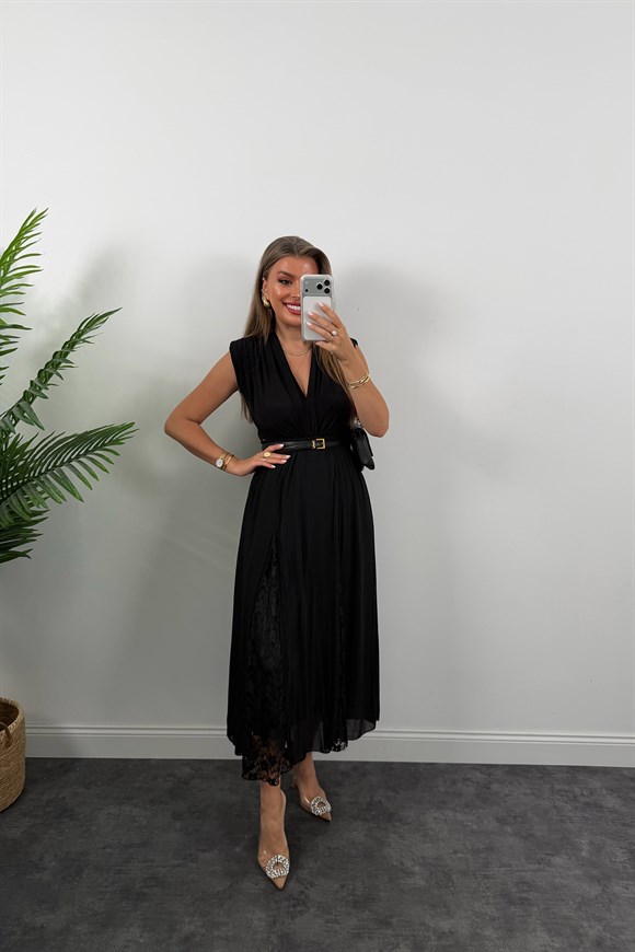 Premium Seri Dantel Parçalı Tasarım Şifon Etek Siyah