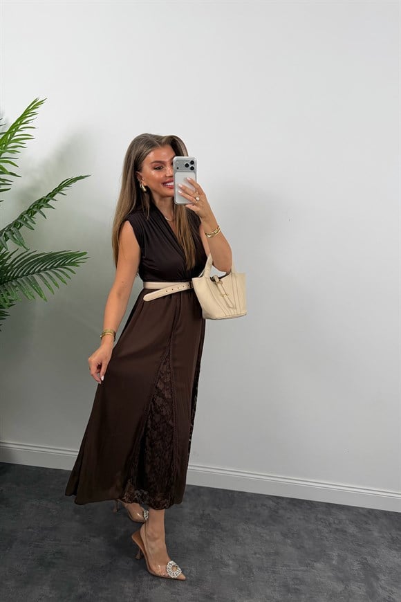 Premium Seri Dantel Parçalı Tasarım Şifon Etek Acı Kahve