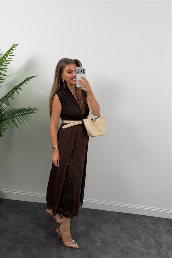 Premium Seri Dantel Parçalı Tasarım Şifon Etek Acı Kahve