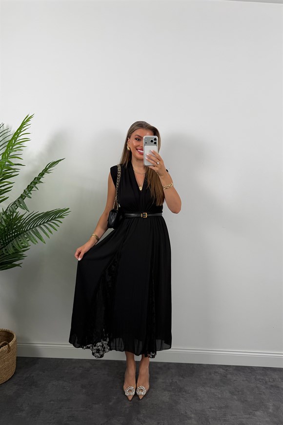 Premium Seri Dantel Parçalı Tasarım Şifon Etek Siyah