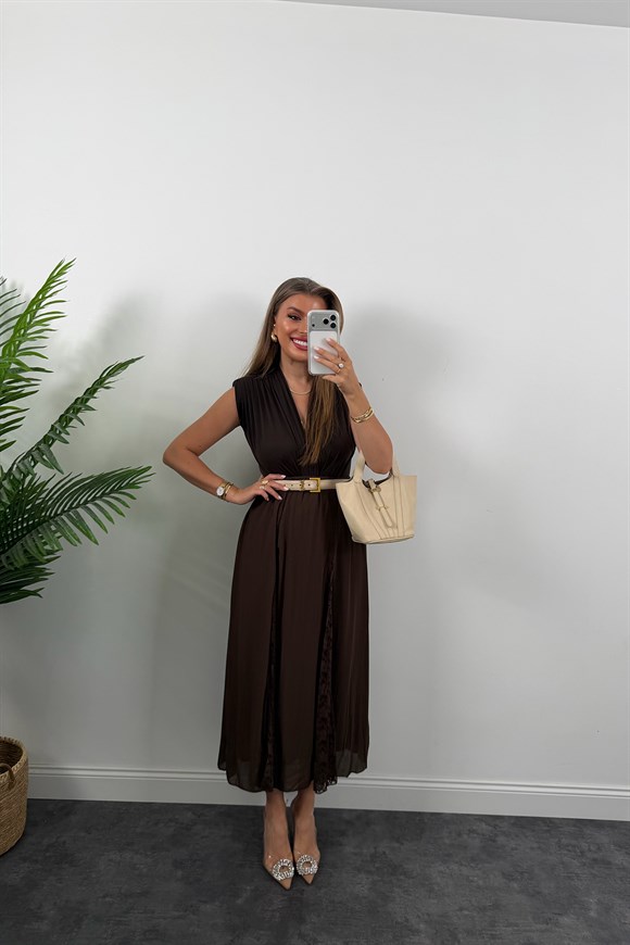Premium Seri Dantel Parçalı Tasarım Şifon Etek Acı Kahve