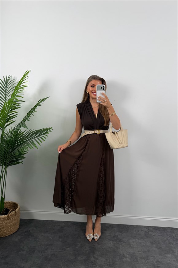 Premium Seri Dantel Parçalı Tasarım Şifon Etek Acı Kahve