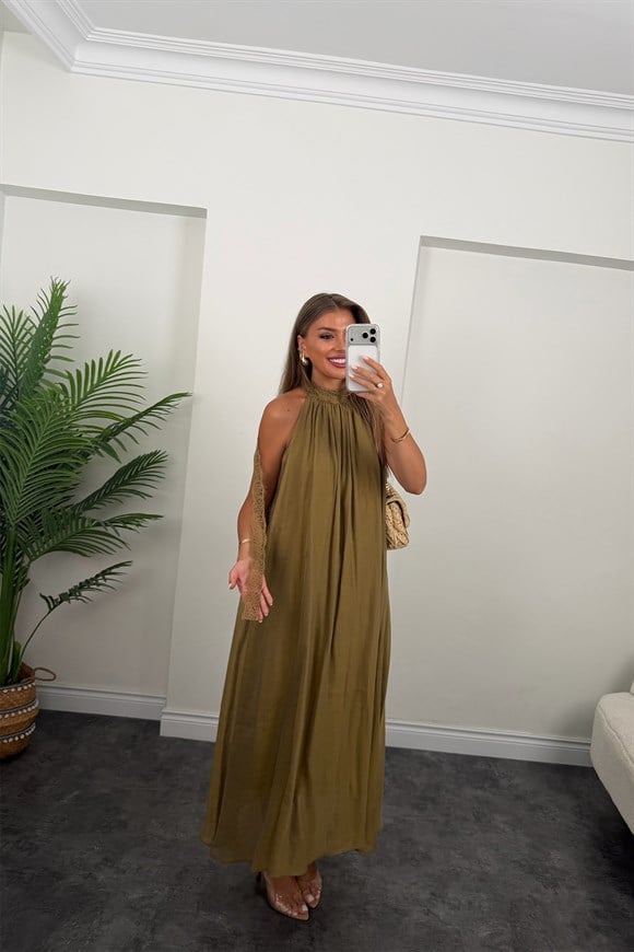 Premium Seri Dantelli Tensel Maxi Salaş Elbise Olive