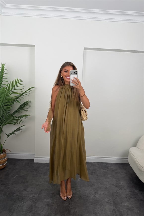 Premium Seri Dantelli Tensel Maxi Salaş Elbise Olive