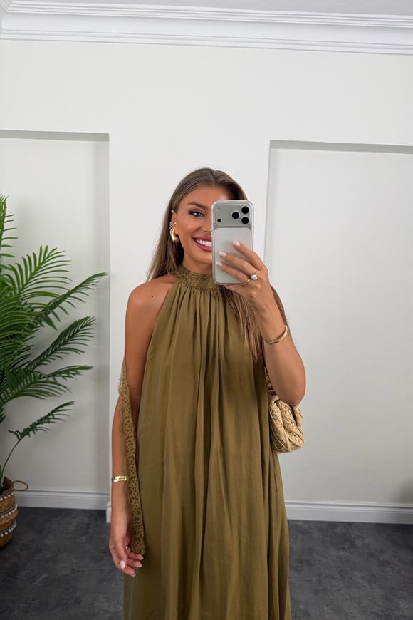 Premium Seri Dantelli Tensel Maxi Salaş Elbise Olive