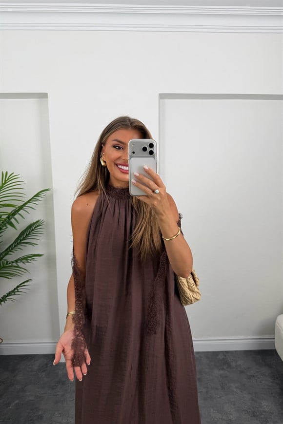 Premium Seri Dantelli Tensel Maxi Salaş Elbise Kahve