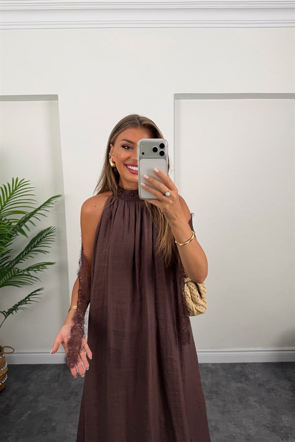 Premium Seri Dantelli Tensel Maxi Salaş Elbise Kahve