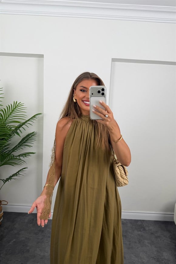 Premium Seri Dantelli Tensel Maxi Salaş Elbise Olive