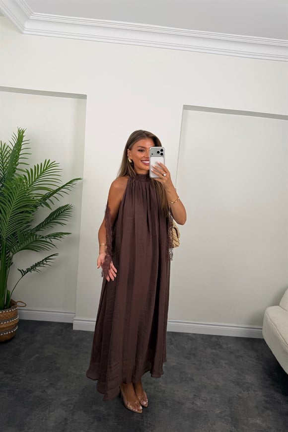 Premium Seri Dantelli Tensel Maxi Salaş Elbise Kahve