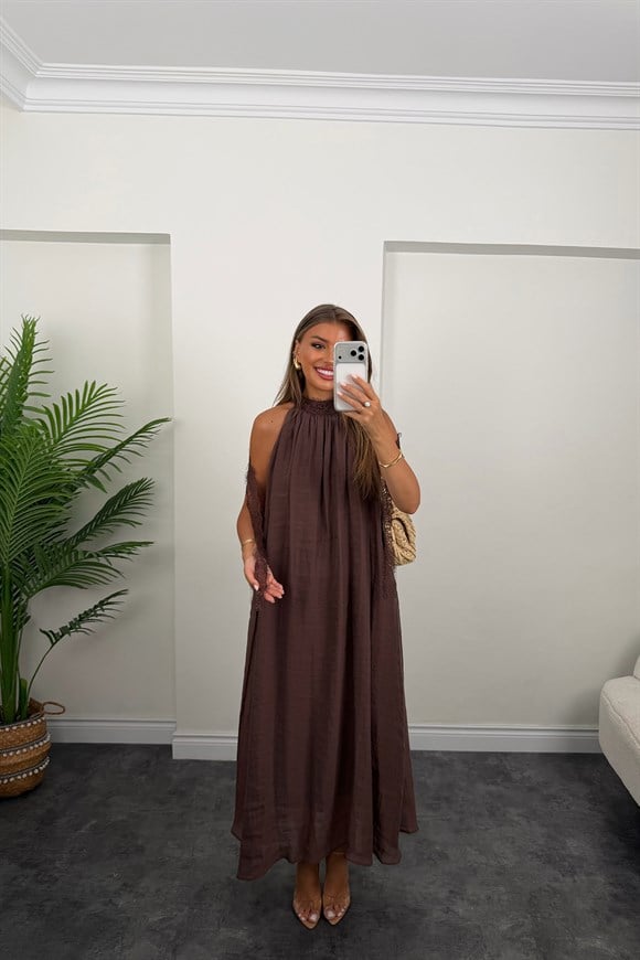 Premium Seri Dantelli Tensel Maxi Salaş Elbise Kahve