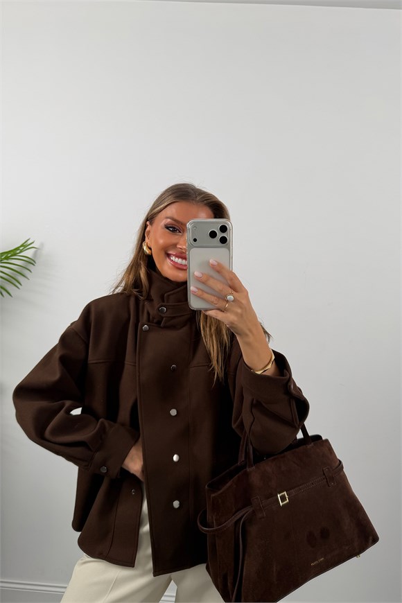 Premium Seri Dik Yaka Çıtçıtlı Kaşe Ceket Acı Kahve