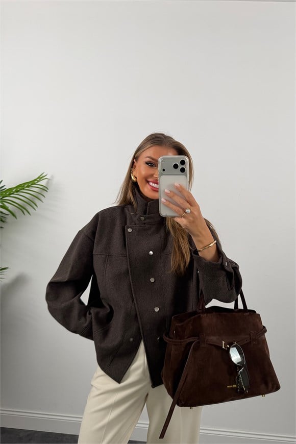 Premium Seri Dik Yaka Çıtçıtlı Kaşe Ceket Koyu Kahve