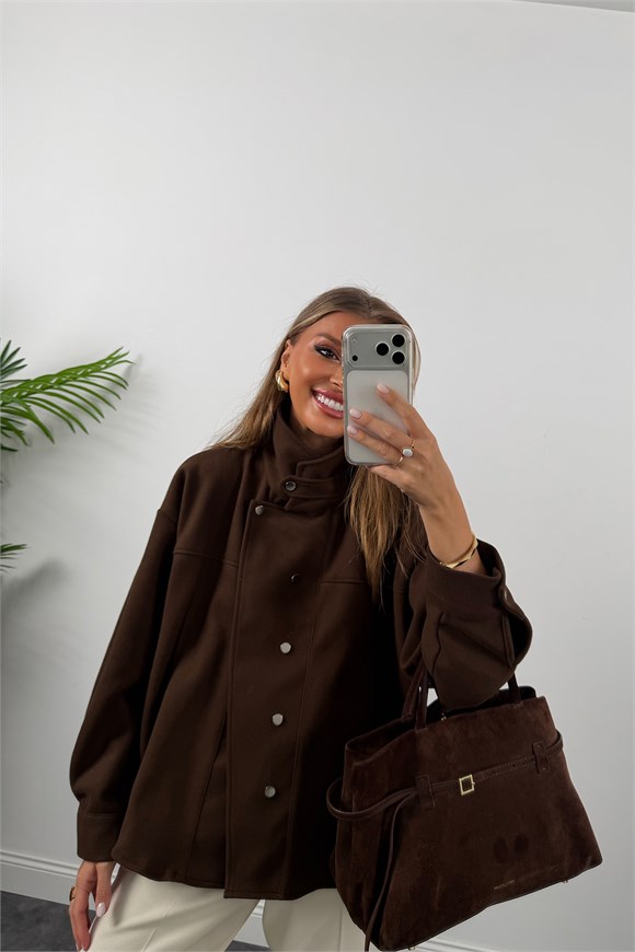 Premium Seri Dik Yaka Çıtçıtlı Kaşe Ceket Acı Kahve