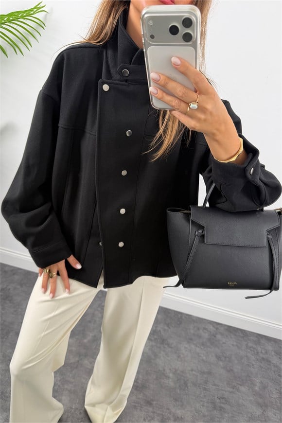 Premium Seri Dik Yaka Çıtçıtlı Kaşe Ceket Siyah