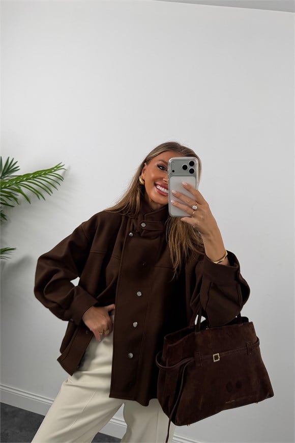 Premium Seri Dik Yaka Çıtçıtlı Kaşe Ceket Acı Kahve