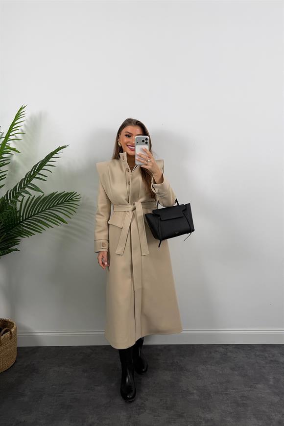 Premium Seri Dik Yaka Maxi Kaşe Kaban Taş