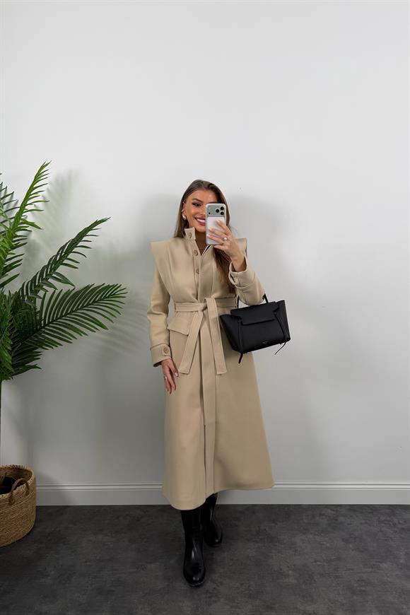 Premium Seri Dik Yaka Maxi Kaşe Kaban Taş