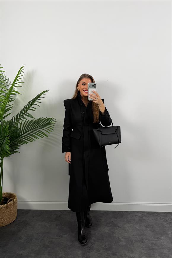 Premium Seri Dik Yaka Maxi Kaşe Kaban Siyah