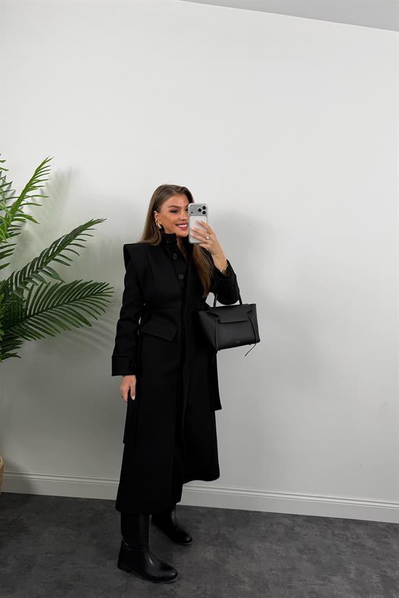 Premium Seri Dik Yaka Maxi Kaşe Kaban Siyah