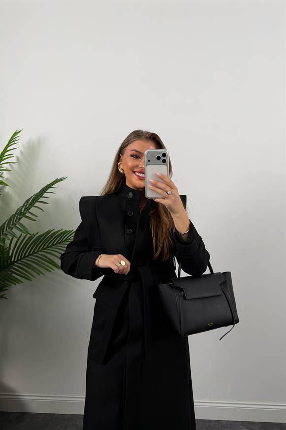 Premium Seri Dik Yaka Maxi Kaşe Kaban Siyah