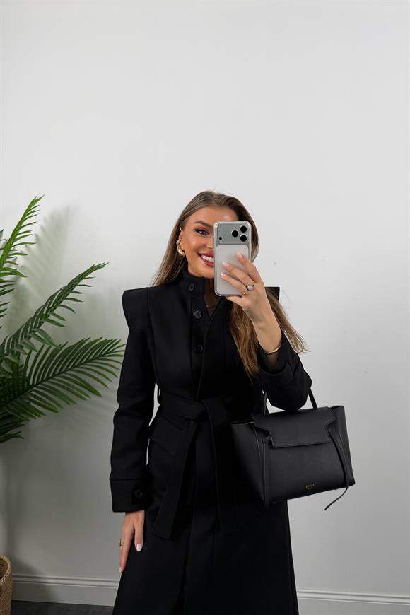 Premium Seri Dik Yaka Maxi Kaşe Kaban Siyah